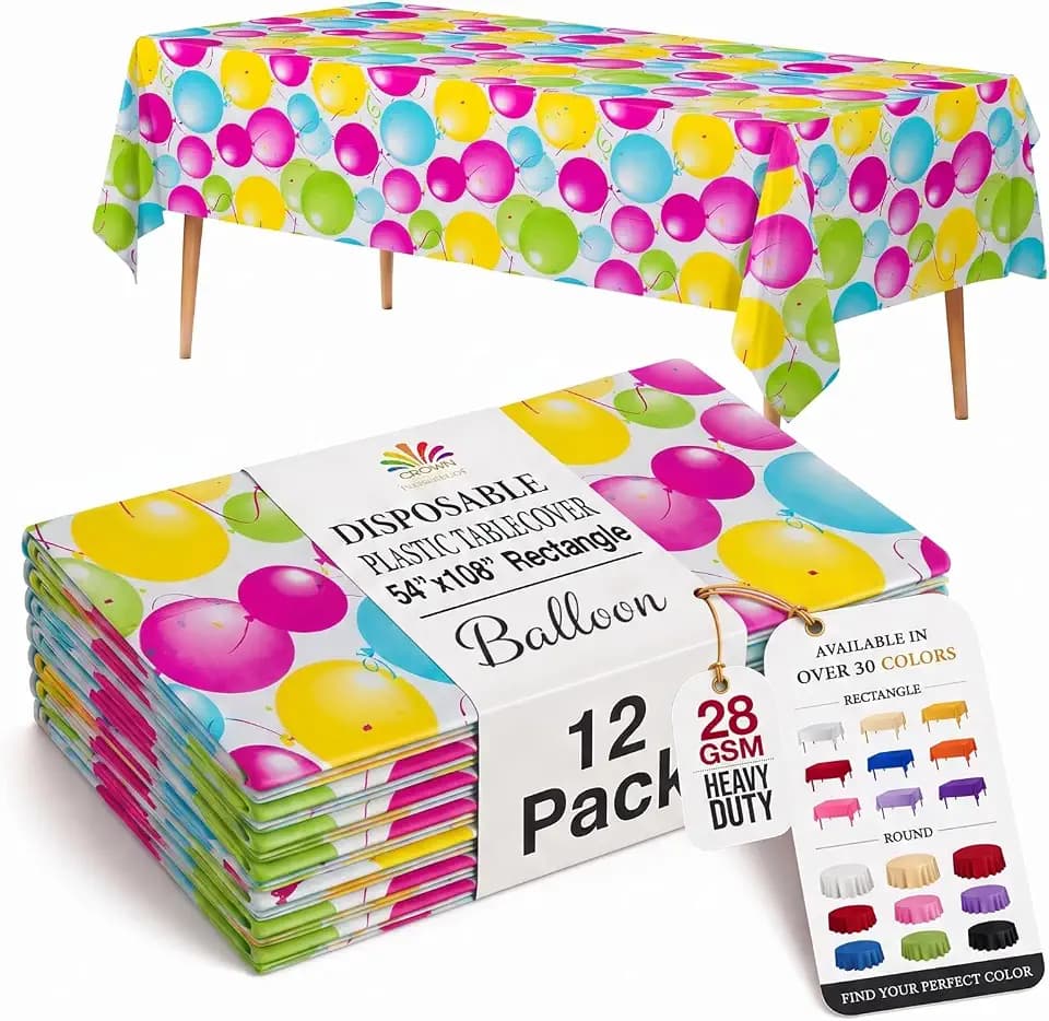 Exquisite Balloon Print Plastic Table Cloth Disposable 12 Pack, 54 x 108