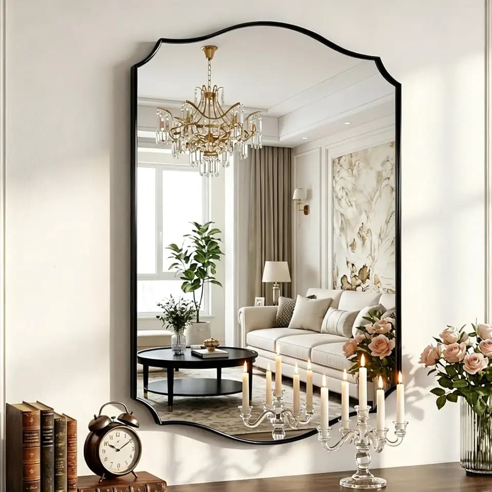Black Vanity Wall Mirror 39"x29", Scalloped Edge Bathroom Mirror