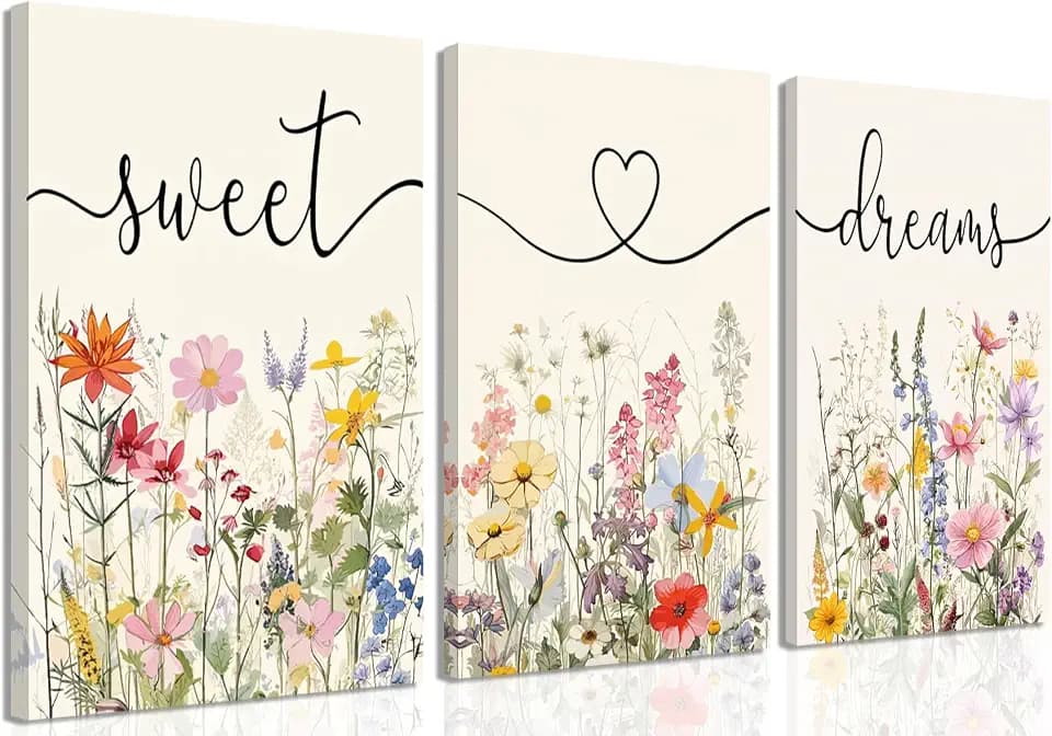 Framed Sweet Dreams Wall Art Set of 3, Colorful Wildflower Prints