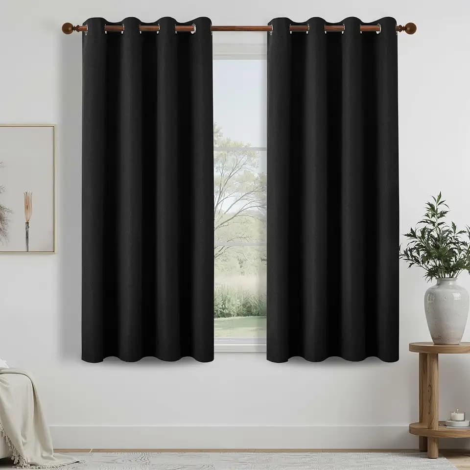 DONREN Full Blackout Curtains for Bedroom, Thermal Insulated Noise Reducing Linen Grommet Window Drapes for Living Room and Nursery, Black, 52 x 72 Inch Length, 2 Panels