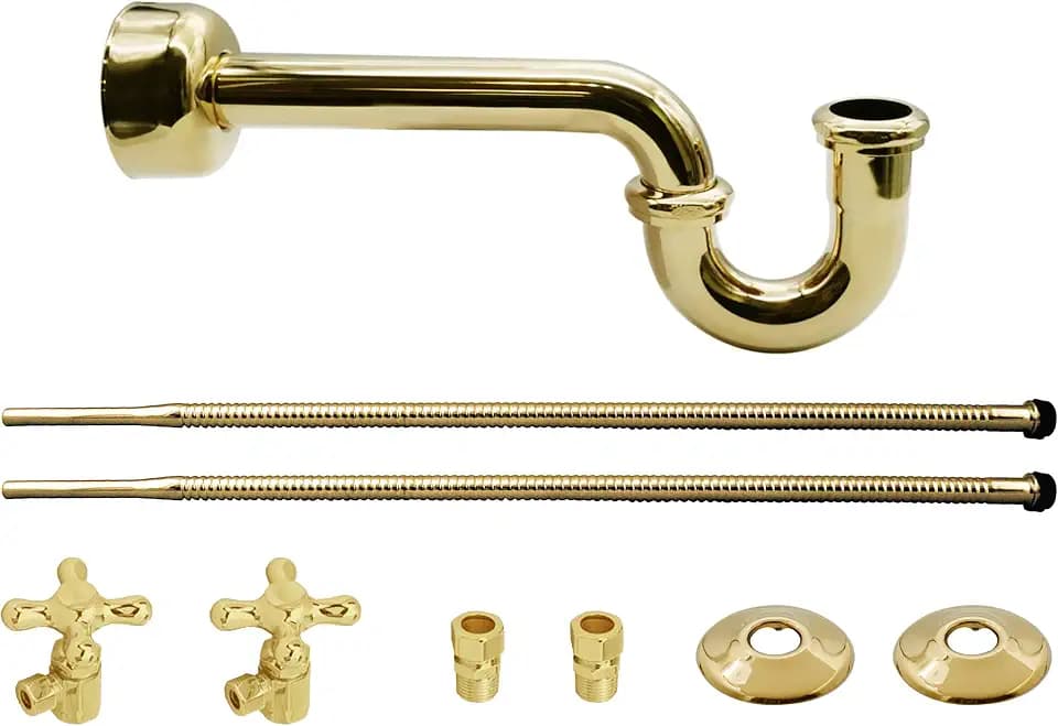 Westbrass D1738L-01 Victorian Style Freestanding Lavatory Pedestal Sink Kit with Supply Line Risers, P-Trap, Flanges and Cross Handle Angle Stops, Polished Brass