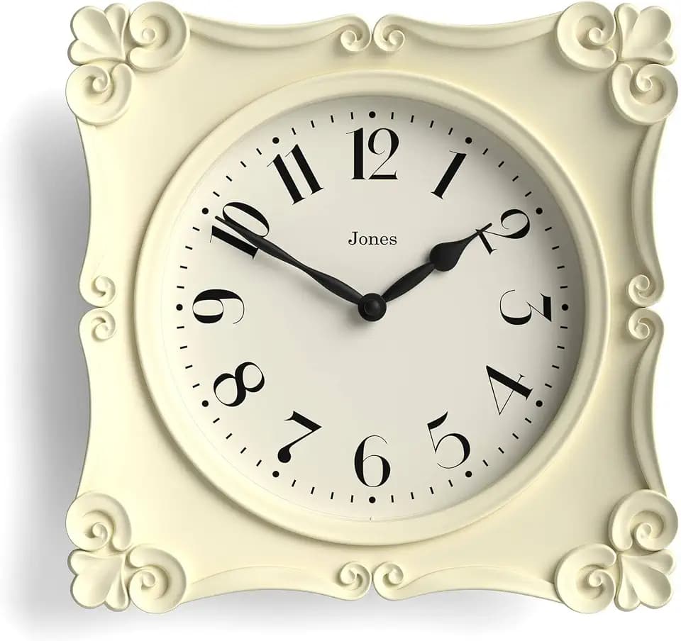 JONES CLOCKS® Rialto wall Clock | Ornate Square Clock | 10" | Cream