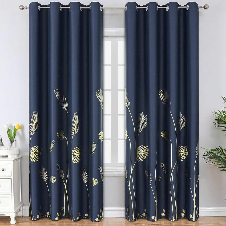 Estelar Textiler Navy Blue Blackout Patterned Curtains for Bedroom 52Wx90L