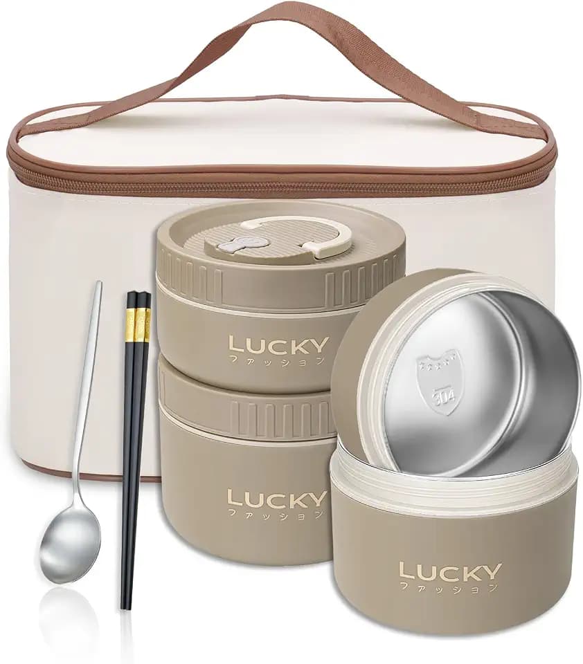 Portable Insulated Lunch Container set, Bento Box Adult Lunch Box Set with Insulated Lunch Bag, 4 Separate Stackable Thermal Food Lunch Container for Adult, Brown