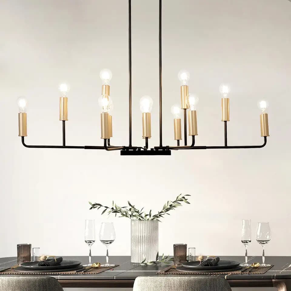 KSANA 48" Large Black and Gold Chandelier, Modern 12-Light Linear Chandeliers Dining Room Light Fixtures Industrial Kitchen Island Lighting Above Table