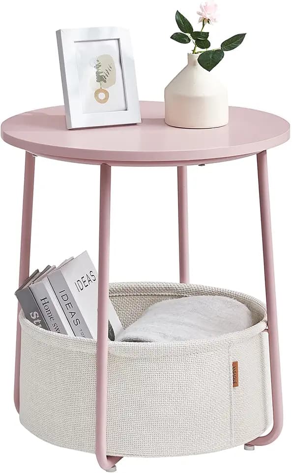 VASAGLE Small Round Side End Table, Small Nightstand with Fabric Basket