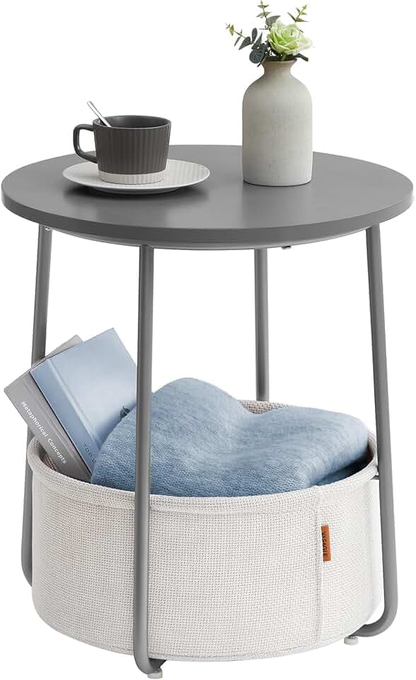 VASAGLE Small Round Side End Table, Small Nightstand with Fabric Basket