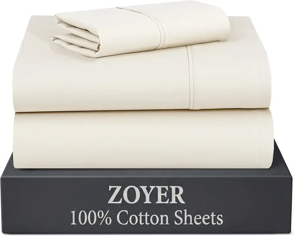 ZOYER 100% Cotton Twin Sheets, Percale Weave Twin Sheet Set, Cream White