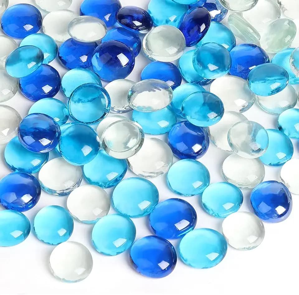 FUTUREPLUSX 1 LB Mixed Blue Glass Beads, Flat Marbles for Vase Fillers