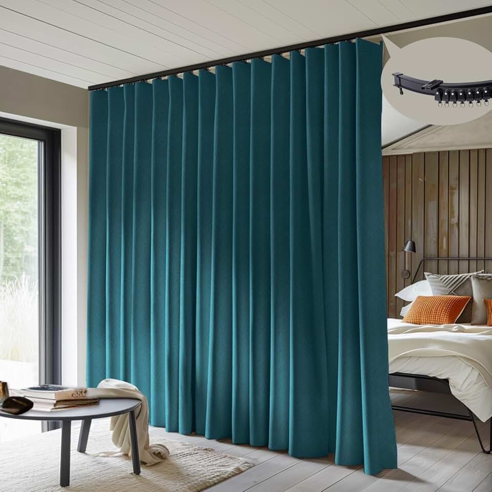 MaKefeile Room Divider Curtains with Flexible Ceiling Curtain Tracks Set,100% Blackout Floor to Ceiling Curtains Patio Sliding Door Curtains (Azure Blue Drape & Black Rail W 15 × H 7 FT)