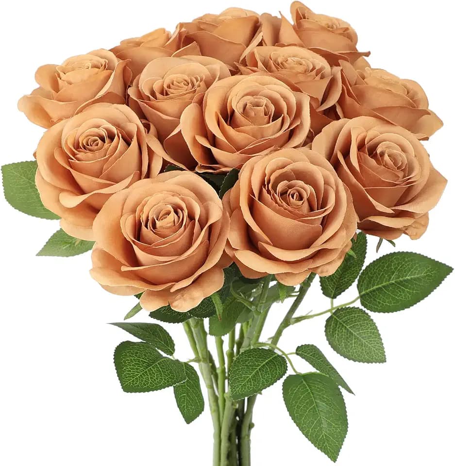 JUSMAI 12pcs Roses Artificial Flowers Terracotta Fake Roses Flowers with Long Stems Silk Flowers for Wedding Bouquet Centerpices Decorations Party Bridal Baby Shower Home Decor