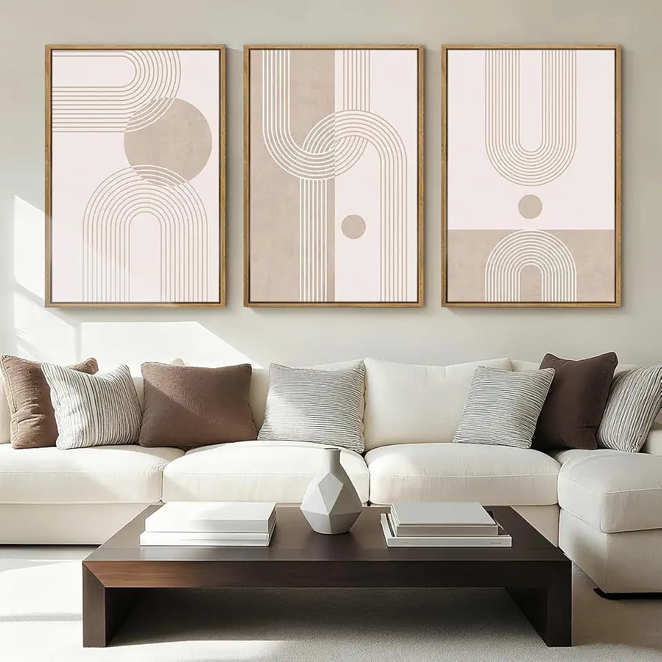 ANHUIB Extra Large Neutral Boho Abstract Canvas Wall Art Set of 3 Framed Mid Century Modern Wall Decor Beige Geometric Line Artwork Minimalist Prints 24x36 Inch Painting for Living Room Bedroom Dining Room Office