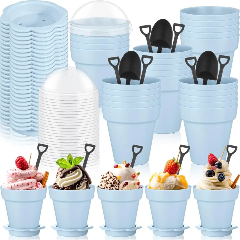 Honeydak 25 Pack Flowerpot Dessert Cup Plastic Cake Cups with Lid Shovel Spoon Mini Flower Pot Dessert Cups Ice Cream Yogurt Cupcake Holder Containers for Birthday Party Supplies DIY Baking(Blue)