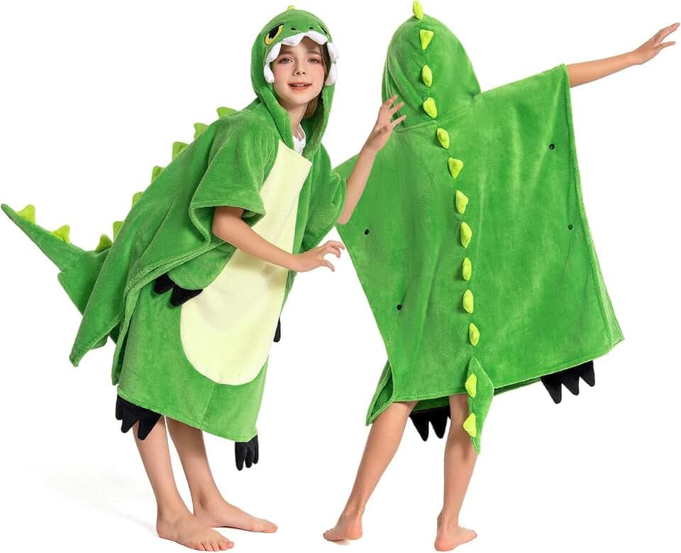 OLAOLA Kids Surf Poncho Beach Towel - Microfiber Dinosaur Hooded Wearable Swim Towel for Boys Girls Ages 3-12 Years