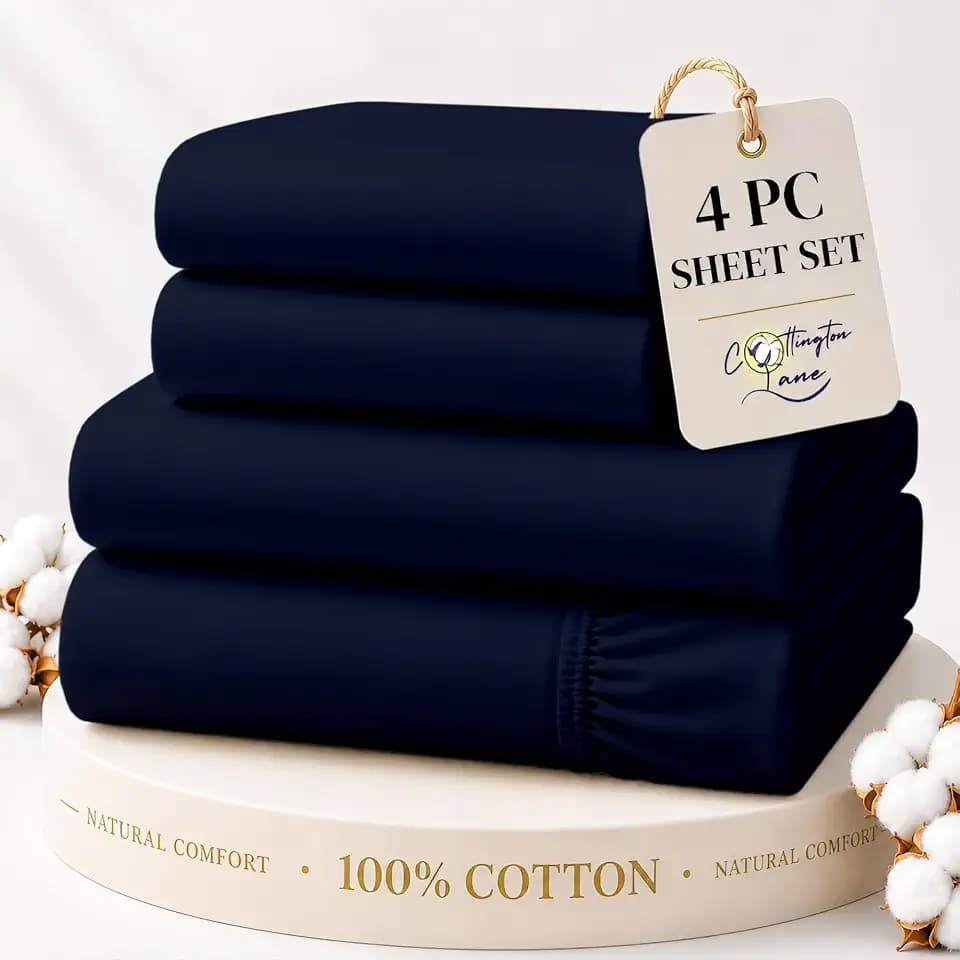 Cottington Lane King Sheet Set, 4 Piece 100% Cotton, 16" Deep, Navy Blue