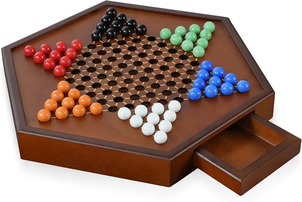 15" Large Upgraded Wooden Chinese Checkers Game Board – Premium 16mm Glass Marbles (60 + 12 Extras), Easy Grip, Storage Drawer, Ideal Multi-Player Puzzle Game for 2-6 Players