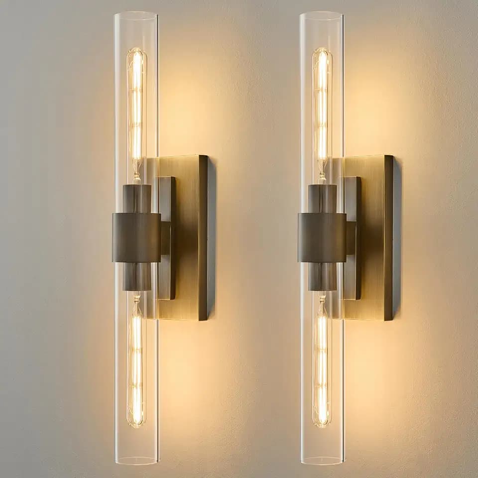 Linear Brass Bathroom Wall Sconce: Set of 2 Antique Modern Vanity Lights