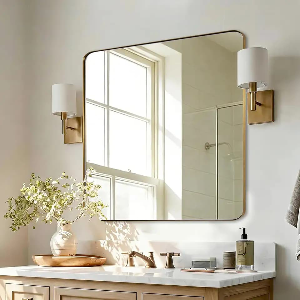 ANDY STAR Square Wall Mirror for Bathroom, 24”x24” Brushed Gold Bathroom Mirror, Rounded Corner Metal Mirror in Premium Stainless Steel Frame Hangs Horizontal Or Vertical(No Rose Gold)