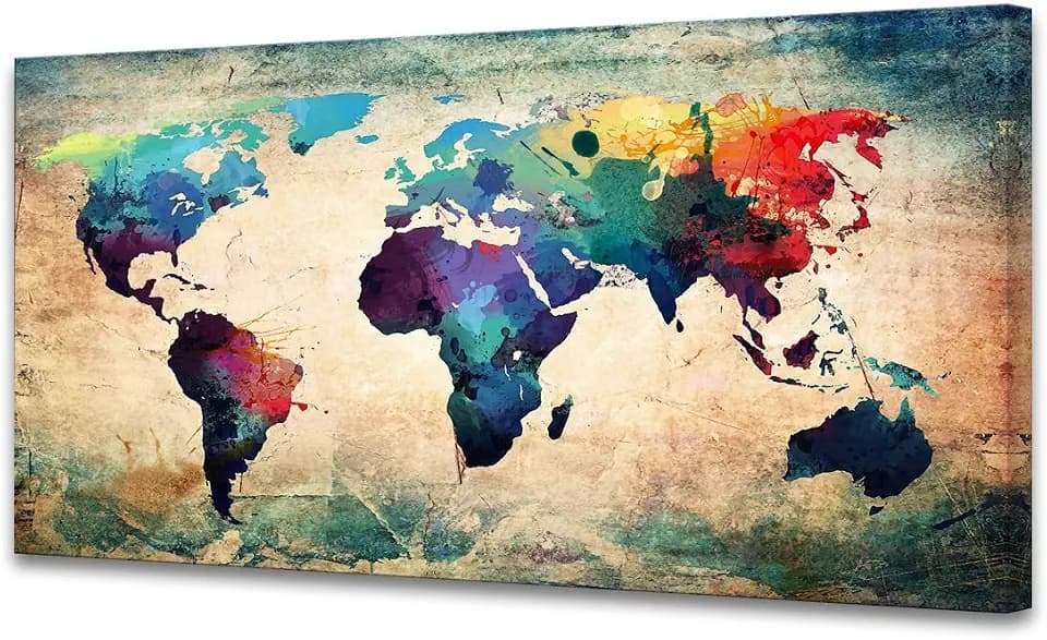 A62062 Abstract World Map Canvas Painting Vintage Posters and Prints Colorful Wall Art Wall Pictures Artwork Framed Ready to Hang for Living Room Bedroom Office Home Decor 24x48inch