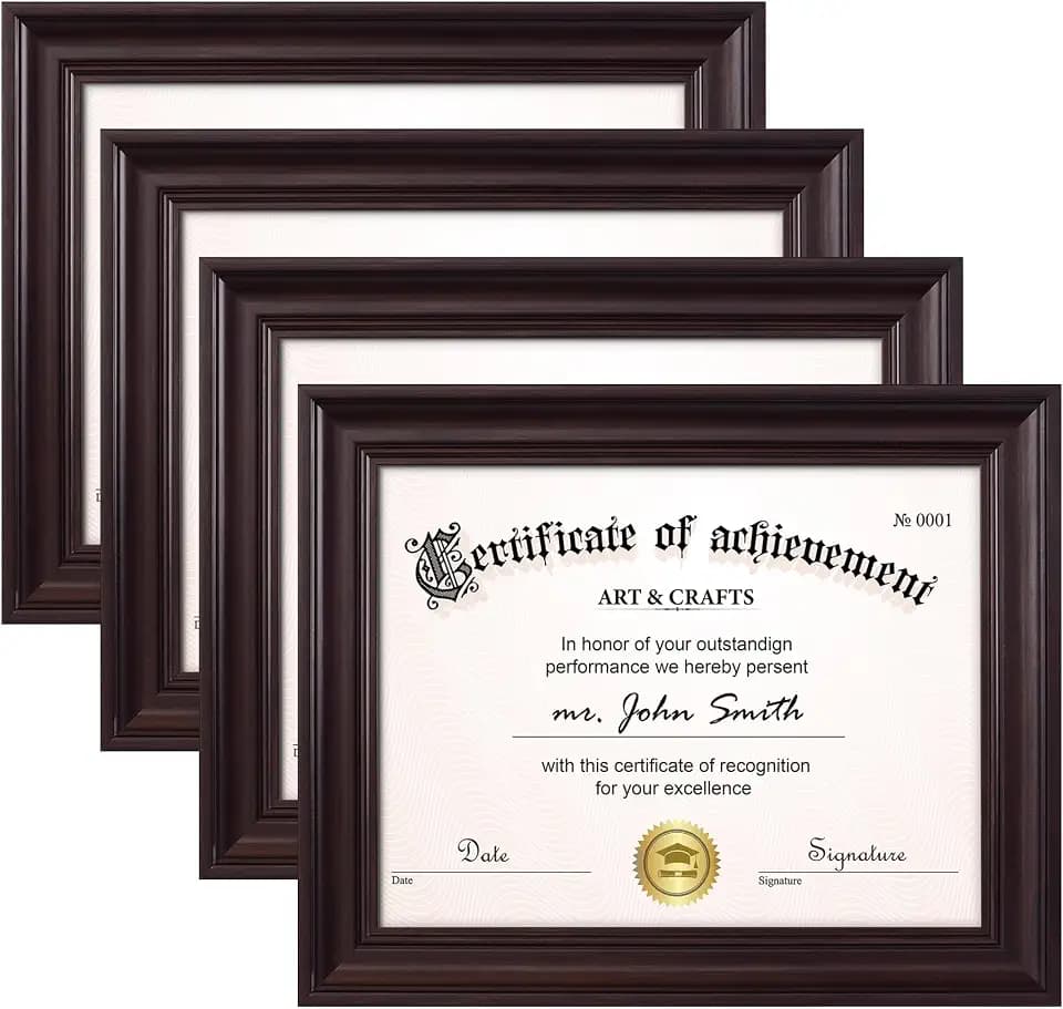 Yaetm 8.5x11 Diploma Frame, Document Frame with Shatter-Resistant Tempered Glass, Display 8.5 x 11 inch Certificate, Tabletop & Wall Mount (4 Pack, Brown)