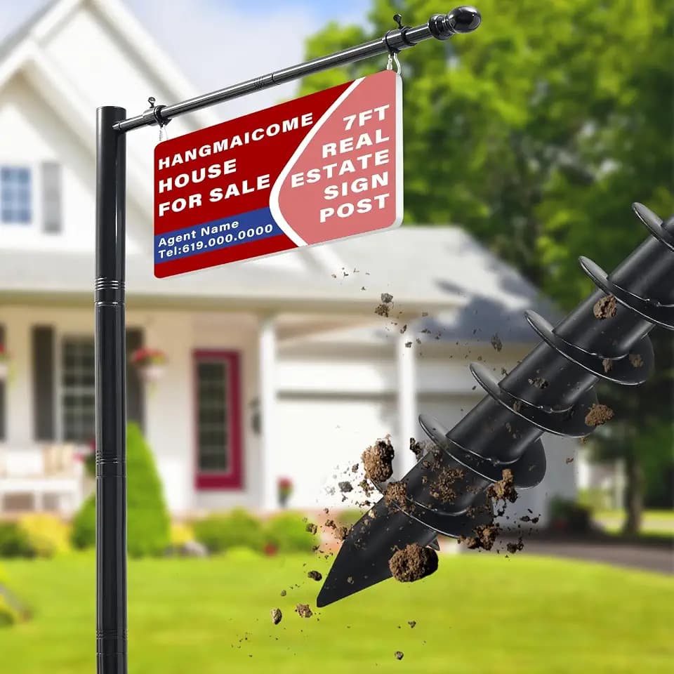 Real Estate Sign Post For Outside - Heavy Duty Metal Yard Sign Stand Pole with Anti-Tip Anchor,7ft Adjustable,Wind-Responsive Clips, Fits 18"X24" To 26" Frame For Sale,Address,Open House-Black