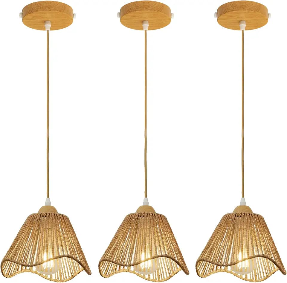 3 Pack Boho Rattan Pendant Lights for Kitchen Island Wave Shade
