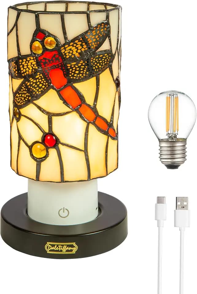 Dale Tiffany TAR24119 Red Damselfly Uplight Tiffany Accent Lamp with Built-in Rechargeable Battery and 3-Level Brightness, Multicolor, 8.5-inch Tall