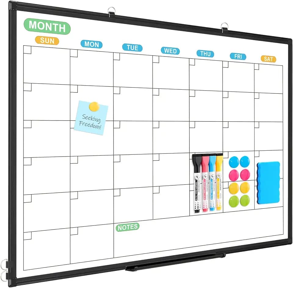 Dry Erase Calendar Whiteboard for Wall, 36" x 24" Month White Board Black