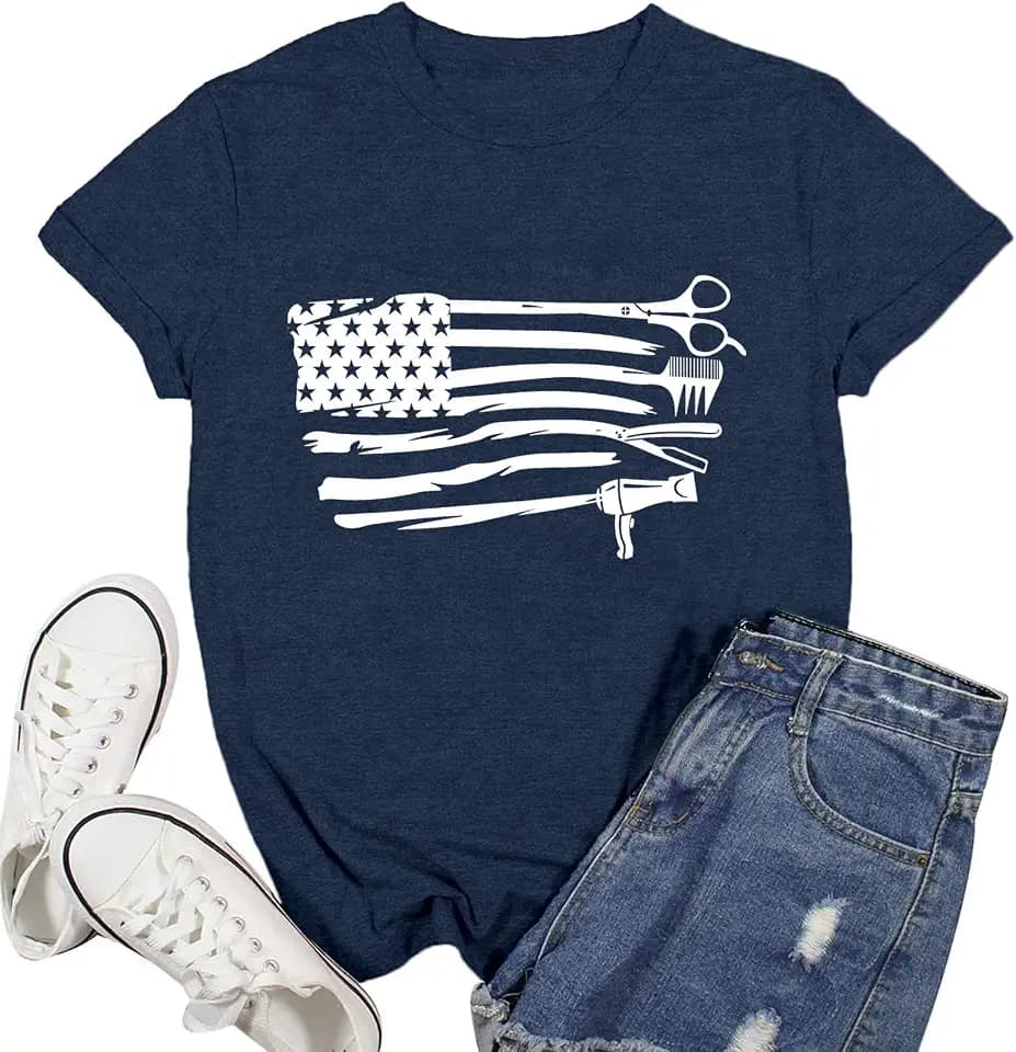 Women Hairstylist Shirt Funny Hairdresser T-Shirt American Flag Hair Dresser Tee Tops