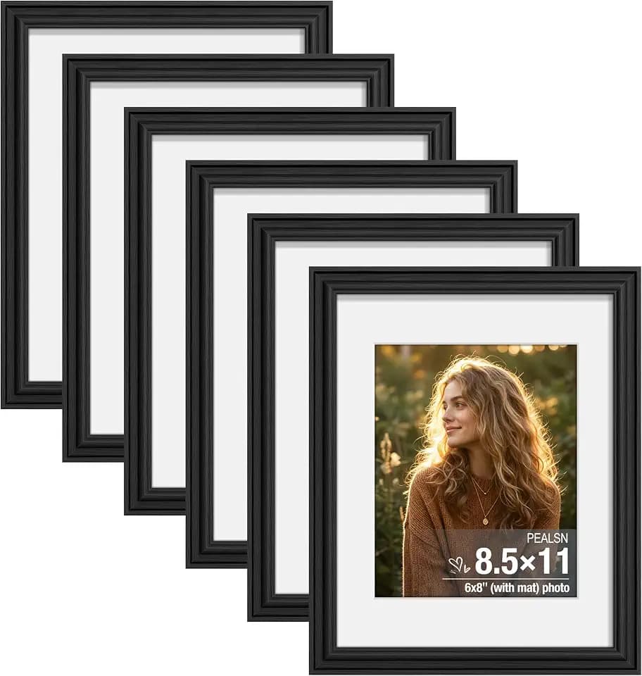 PEALSN 8.5x11 Picture Frame Set of 6, Wall or Tabletop, Black Woodgrain