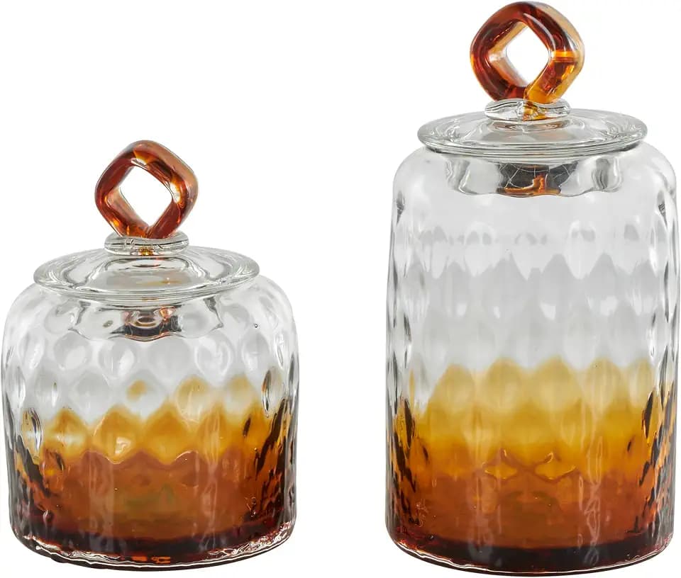 Deco 79 Glass Geometric Living Room Decorative Jars Faceted Ombre Decorative Container with Diamond Knobs, Set of 2 Jar with Lid 9", 7"H, Orange