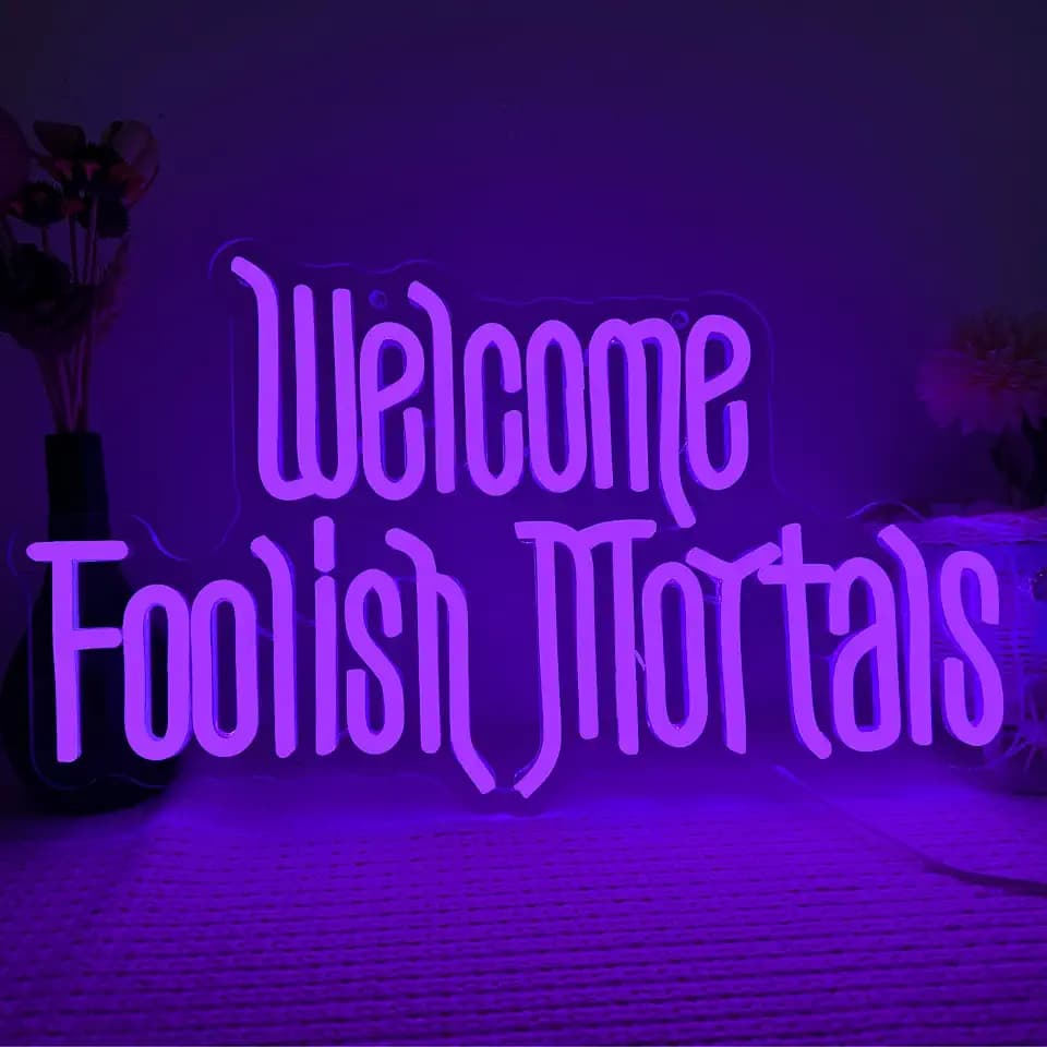 Welcome Foolish Mortals Neon Sign, Halloween Neon Light Spooky Gothic Haunted Mansion LED Coffin Decor USB Powered, for Horror Movie Party Haunted House Man Cave Home Room Themed Bars(16.1 * 9.4 In)
