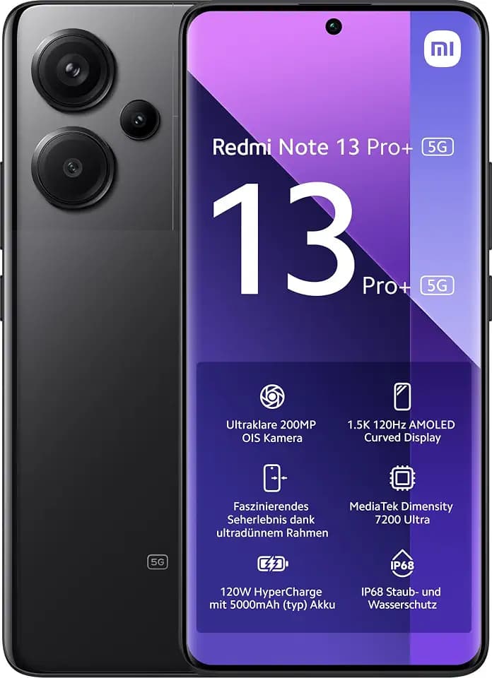 XIAOMI Redmi Note 13 Pro+ 5G Smartphone, 12+512GB, Handy ohne Vertrag, 6,67" 1,5K AMOLED Display, 5.000 mAh, 200MP Kamera, Dual-SIM, Black