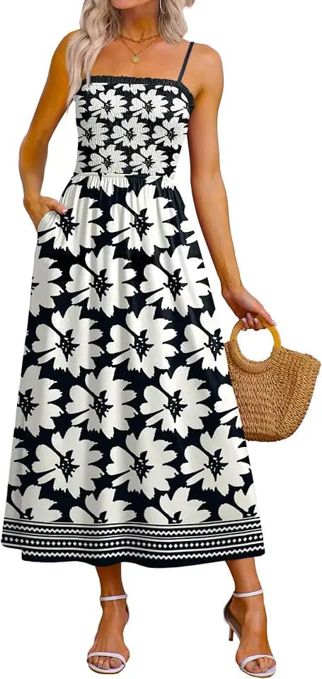 OFEEFAN Womens Spaghetti Strap Maxi Dresses Boho 2026 Fashion Clothing Summer Beach Vacation Outfits Casual Long Spring Sundresses Black Floral M