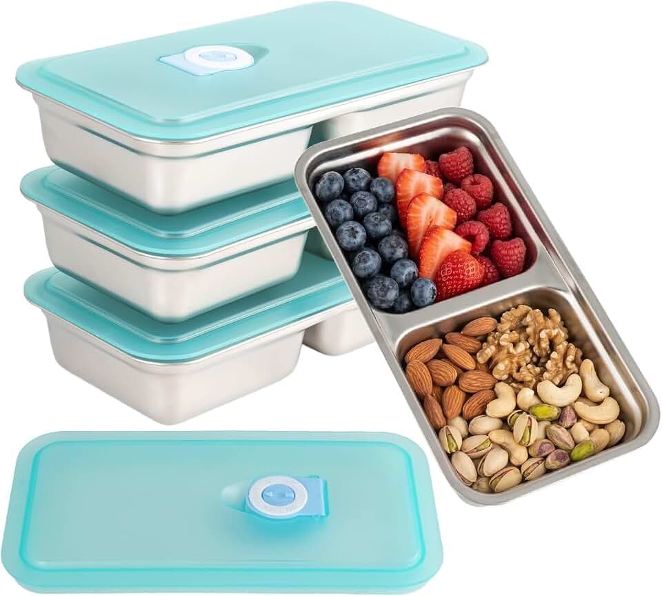 4 Pack Stainless Steel Snack Containers, Grab and Go Snack Containers with Lids, Stackable Food Storage Container, 2 Compartment for Fruits, Nuts and Snacks, Ideal for Gym, Office and Travel