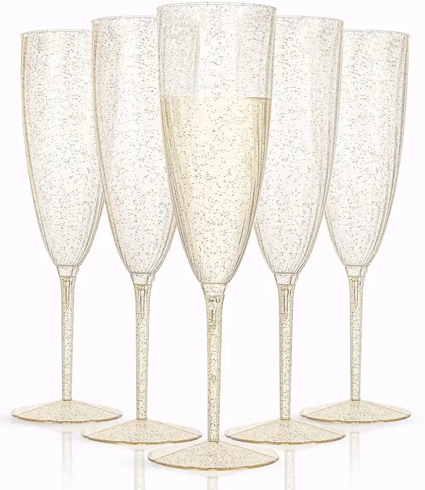 WDF 36-Pack Plastic Champagne Flutes - Gold Glitter Disposable Glasses