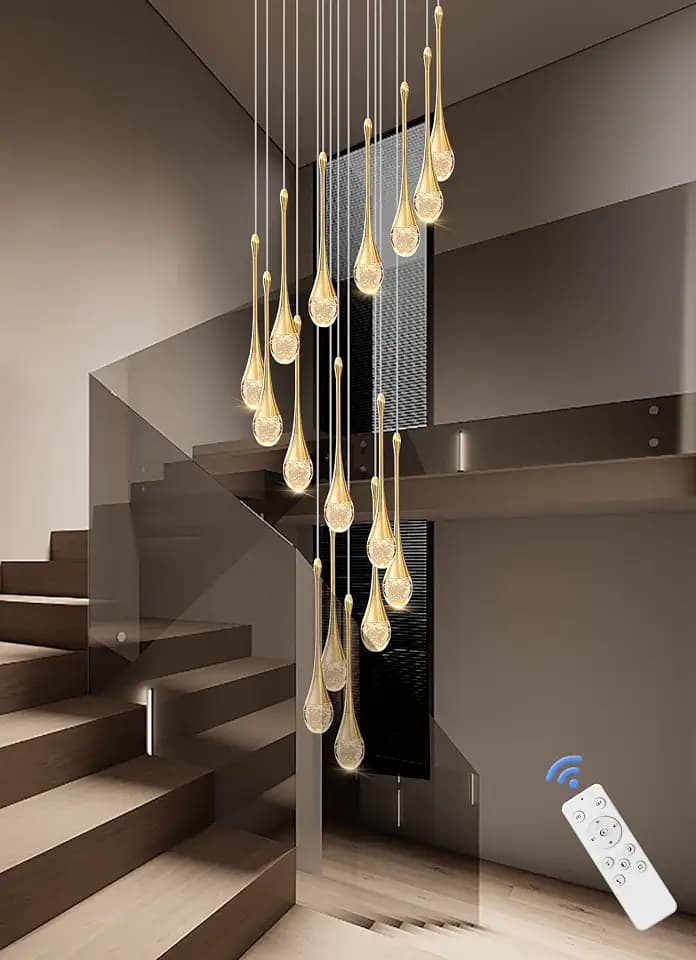 ykolupty Modern Crystal Chandeliers LED Dimmable Stairwell Chandelier Gold Teardrop Chandelier Large Pendant Light for Entryway Foyer Living Room