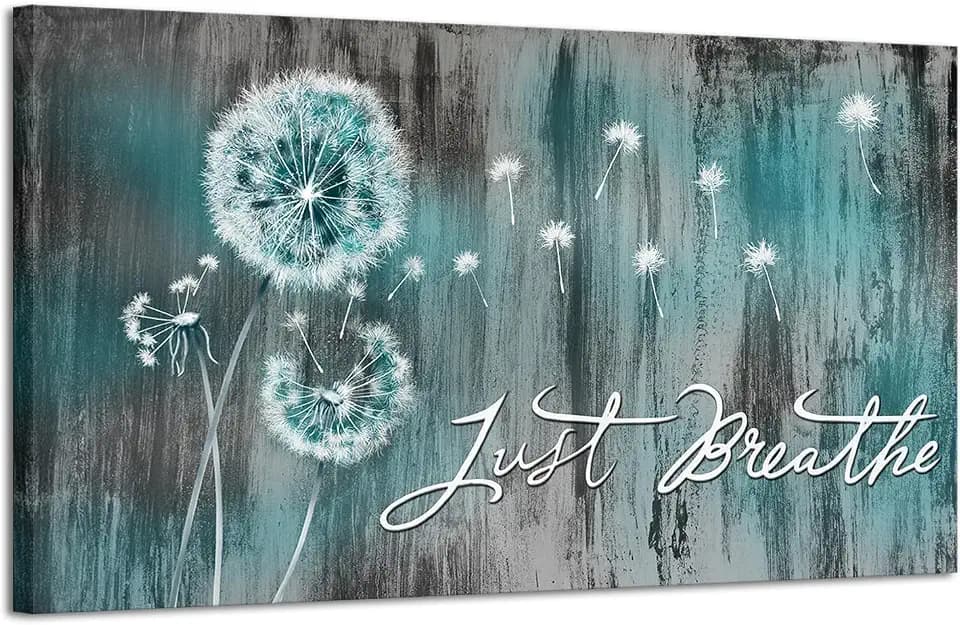 iHAPPYWALL Large Just Breathe Wall Art Abstract Teal Dandelion Flower Inspiratiobal Quotes Rustic Floral Artwork for Bedroom Farmhouse Home Wall Decor Ready to Hang 20x36inch