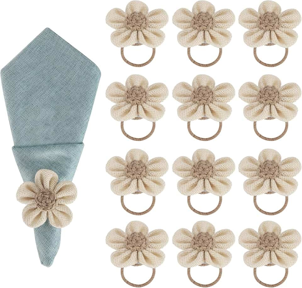 Napkin Rings Set of 12, Flower Napkin Rings Made of Jute