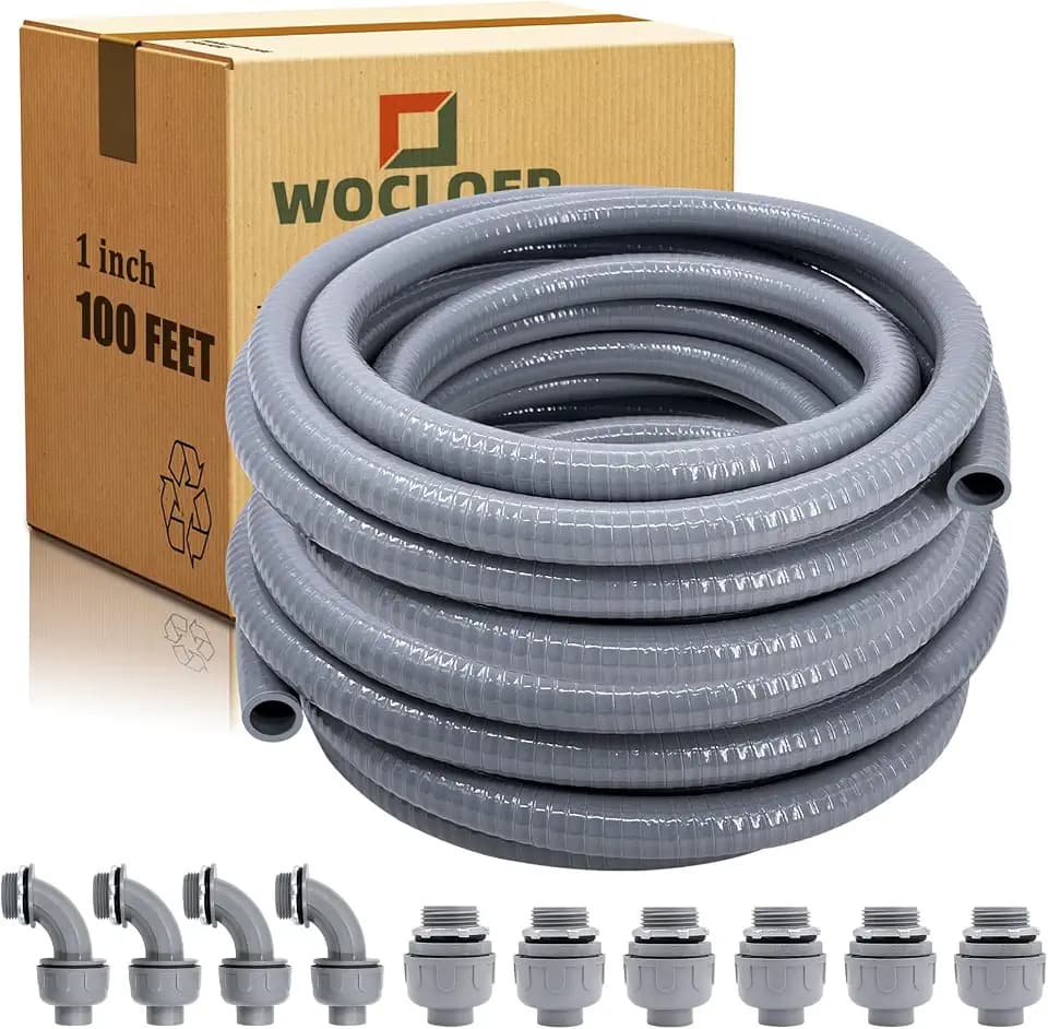 Liquid-Tight Conduit - 1inch 100 Foot Flexible Non Metallic Liquid Tight Electrical Conduit Kit, with 6 Straight and 4 Angle Fittings Included. 1" Dia