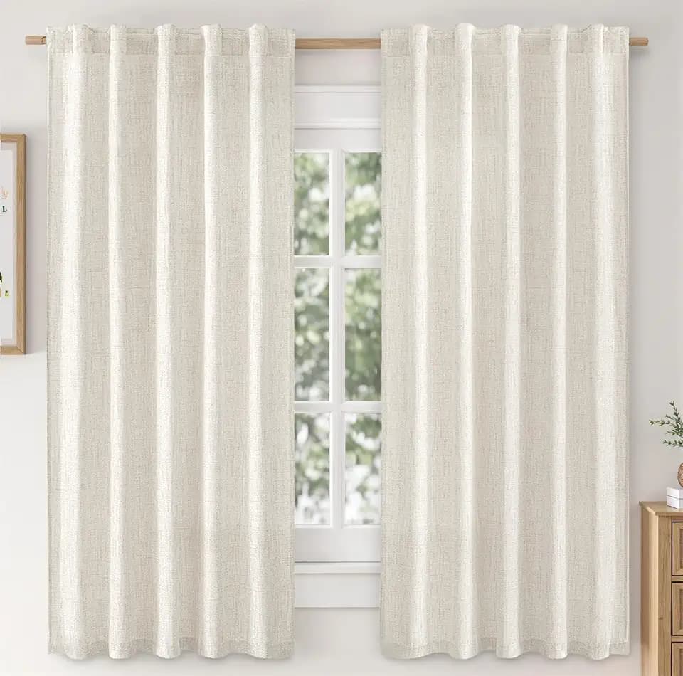 MIULEE Faux Linen Curtains 63 Inch Length 2 Panels Natural Semi Sheer Curtain with Back Tab Rod Pocket, Light Filtering Window Privacy Burlap Drapes for Living Room Bedroom 42W x 63L Beige White