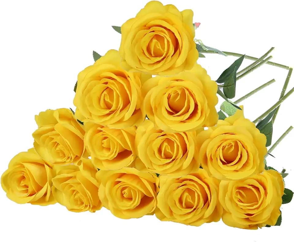 Felice Arts 12 Pack Yellow Flowers Artificial Roses with Stems