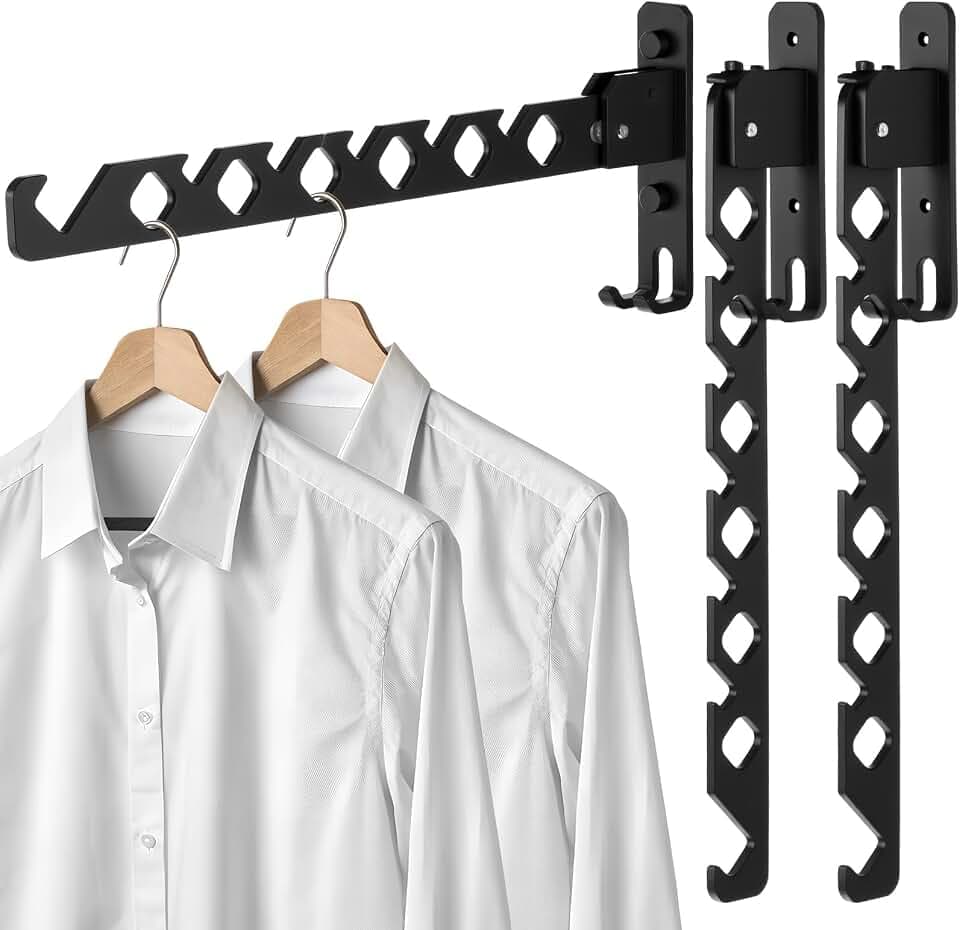 3 Pack Black Wall Mount Coat Hanger Holder, Retractable Folding Clothes Hanging Rack Aluminum Coat Hanger Wall Mount Clothes Drying Rack Space Saver for Laundry Room Bedroom Indoor