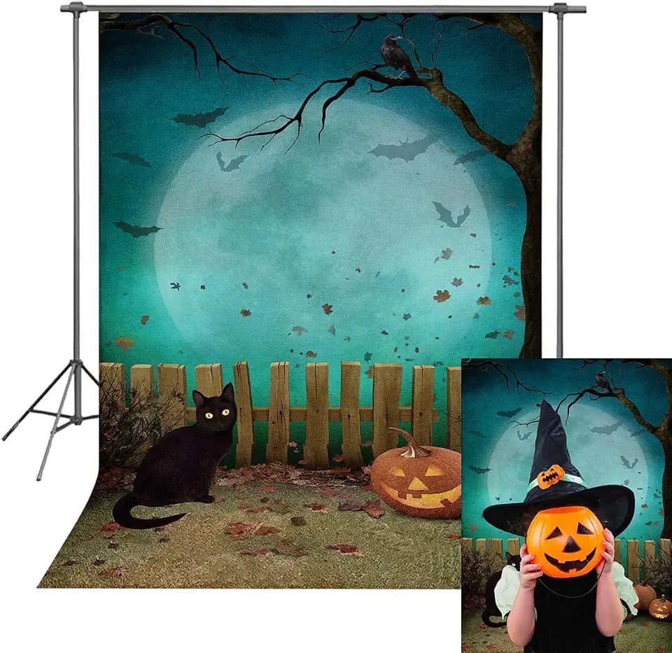 Halloween Party Backdrop Pumpkin Halloween Photography Background Moon Bat Fence Decoration Banner Kids Baby Shower Photo Booth Props (1,8 x 2,7 m)