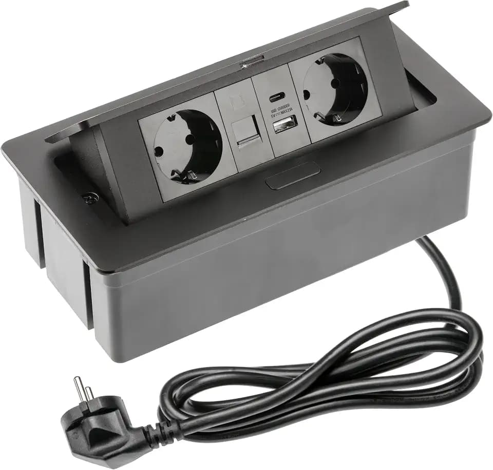 GTV – Einbausteckdose MULTISOFT schwarz mit 2x Schuko, USB A+C, RJ45, HDMI 2.0, Abdeckung, versenkbar, 1,5 m Kabel, für Schreibtisch, Konferenztisch, Küche oder Homeoffice