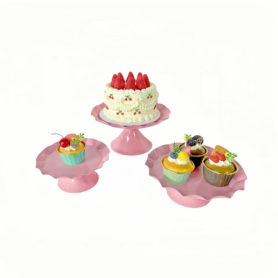 3 Pcs Pink Metal Cupcake Stand Scalloped Edge Dessert Display Tray