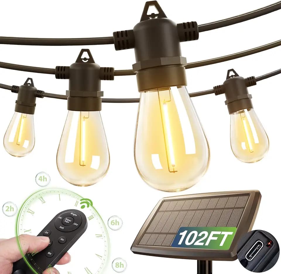 addlon 102FT(96+6) Solar String Lights Outdoor, Last 20+ Hrs, USB Charging