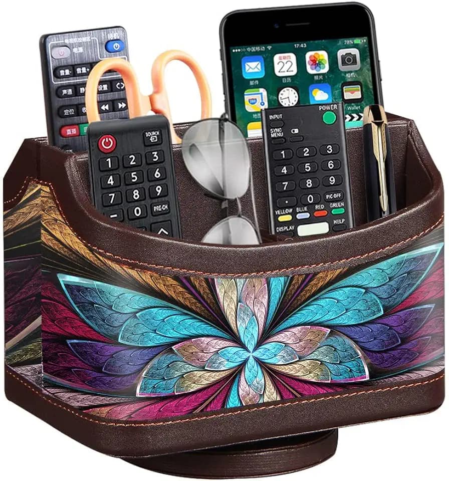 360° Rotatable Remote Control Holder,PU Leather TV Remote Caddy for Table