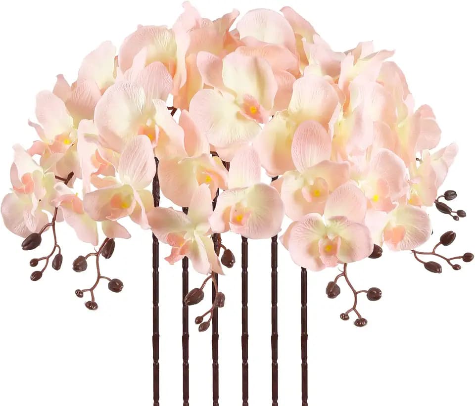 41.34" Orchid Artificial Flowers 6PCS Velvet Silk Faux Orchids Long Stem Artificial Flowers for Tall Vase for Home Wedding Party Decoration(Peach)
