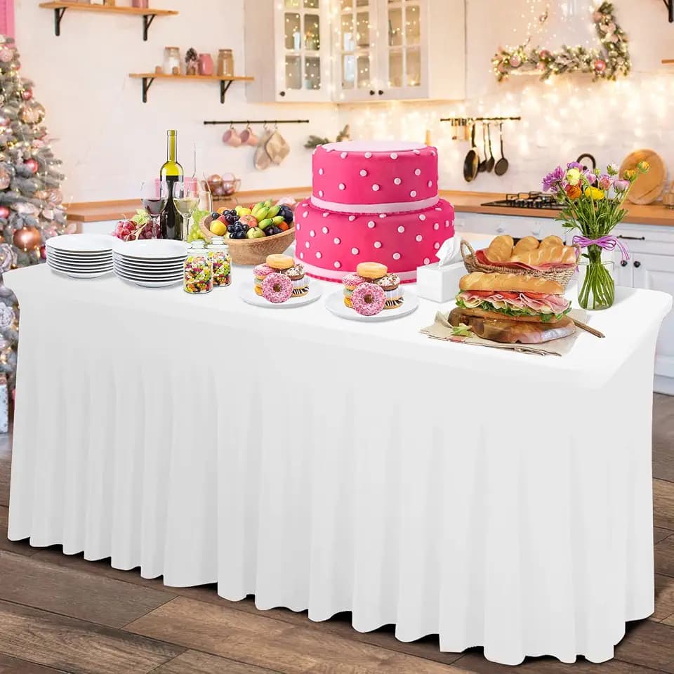 Thick 2 in 1 Spandex Table Skirt and Cover 8ft, Rectangle Fitted Tablecloth with Pleated Skirt, Wrinkle Free Rectangular Table Cloth for Banquets and Vendor Event (White, 96"*30"*29")